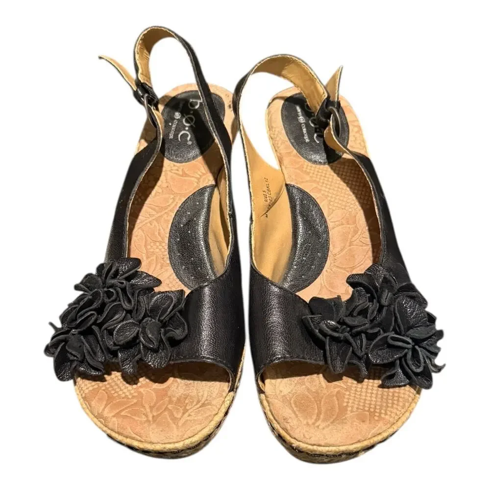 BOC Born Women’s Size 9 Black Leather Flower Open Toe Slingback Wedge Sandal